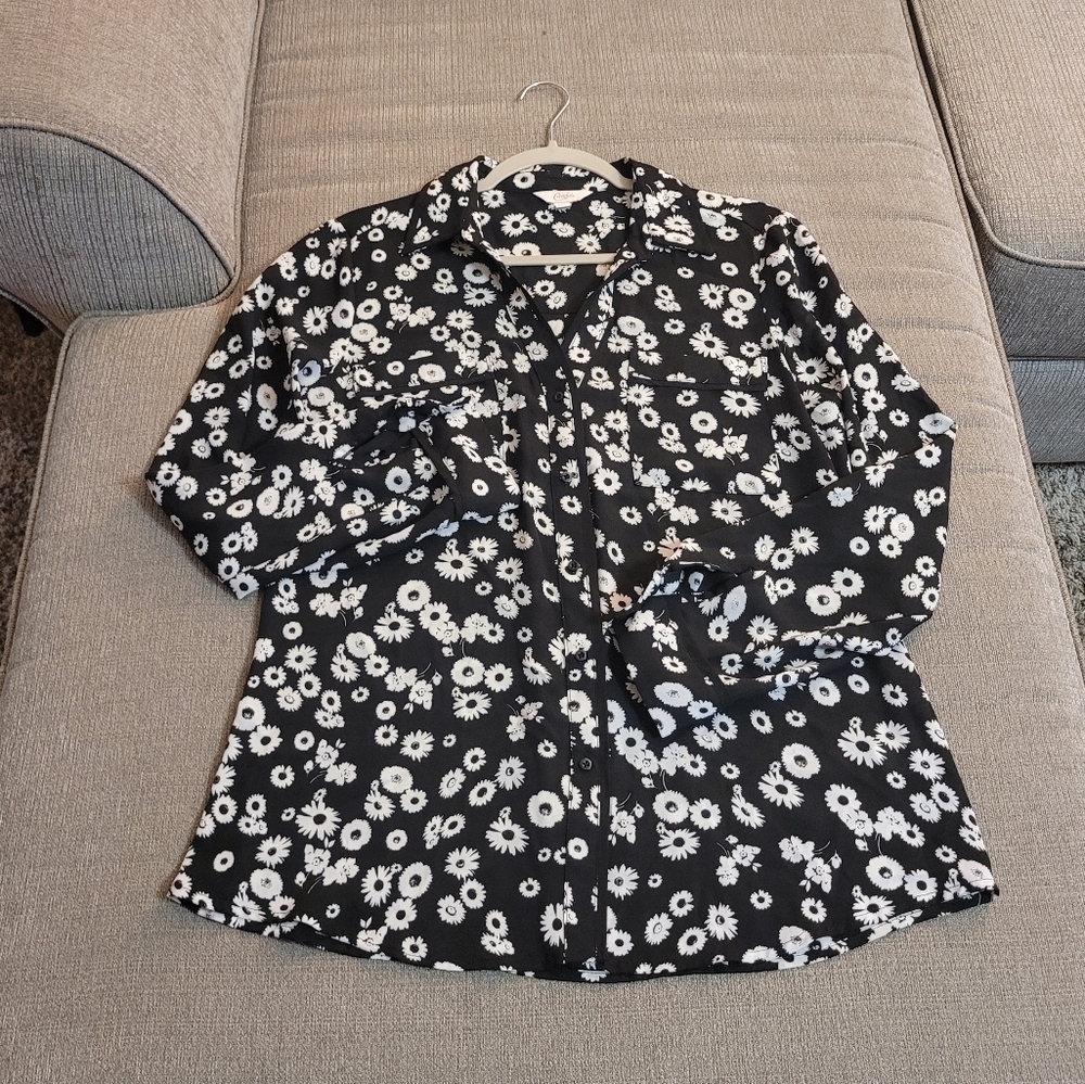 Candie's Black Floral Work Career Office Button Down Top Blouse Size Large